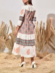 White and Grey Cotton Printed Dress