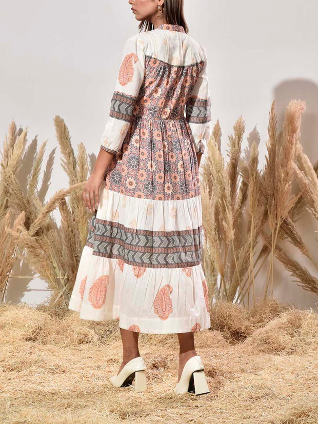 White and Grey Cotton Printed Dress