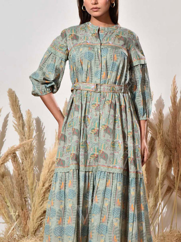 Green Cotton Printed Dress