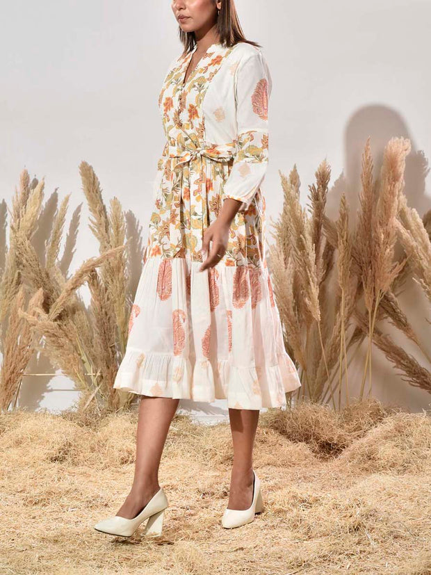 White Cotton Printed Dress