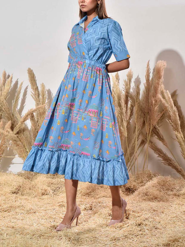 Blue Cotton Printed Dress