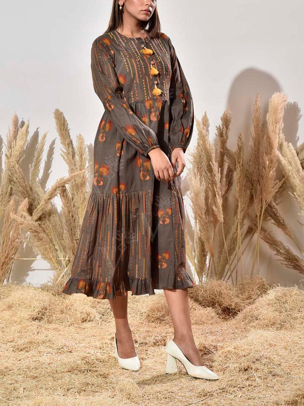 Dark Grey Embroidered Cotton Dress