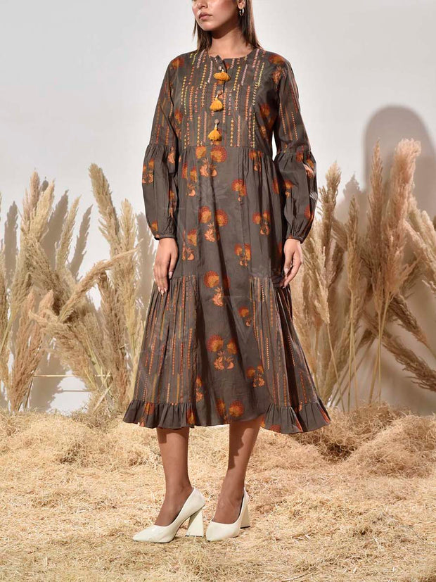Dark Grey Embroidered Cotton Dress