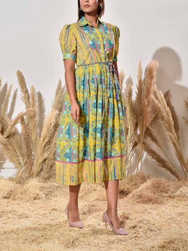 Blue and Green Printed Cotton Dress