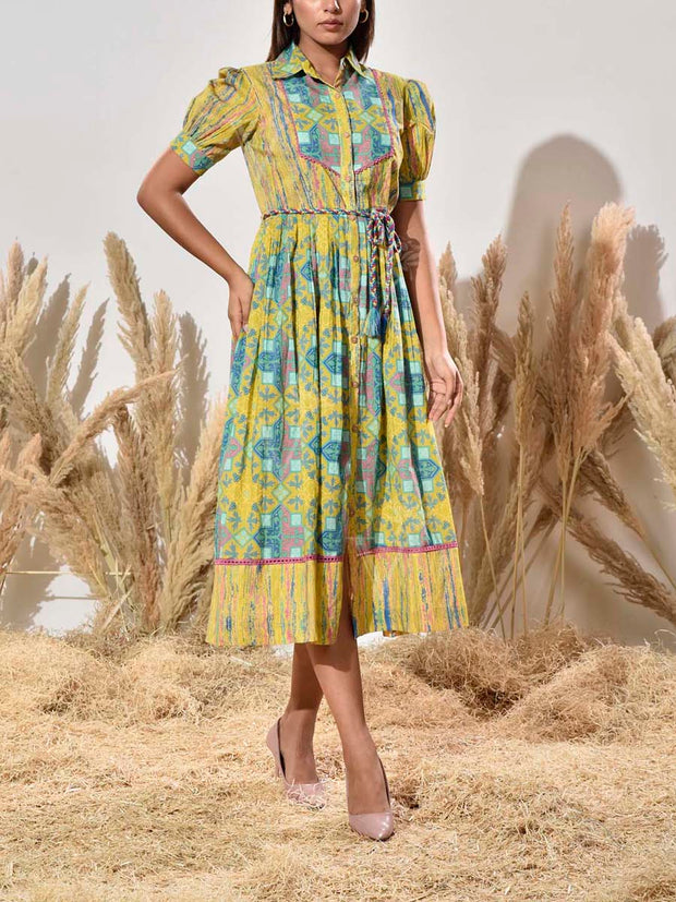 Blue and Green Printed Cotton Dress
