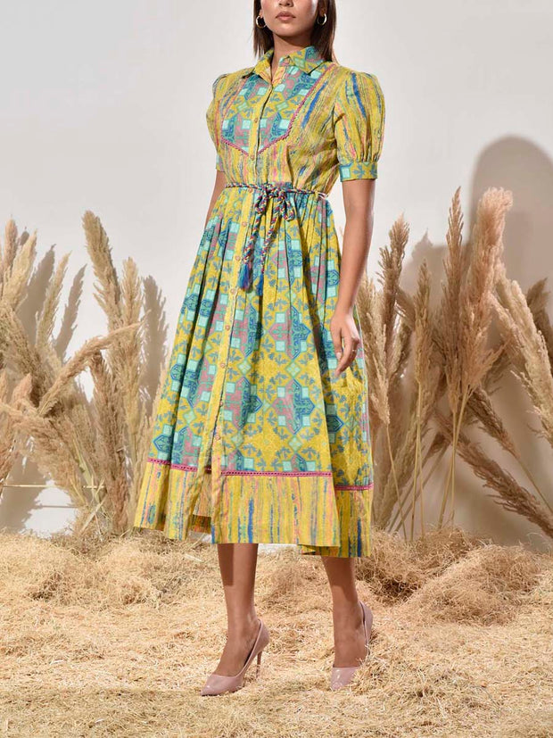 Blue and Green Printed Cotton Dress