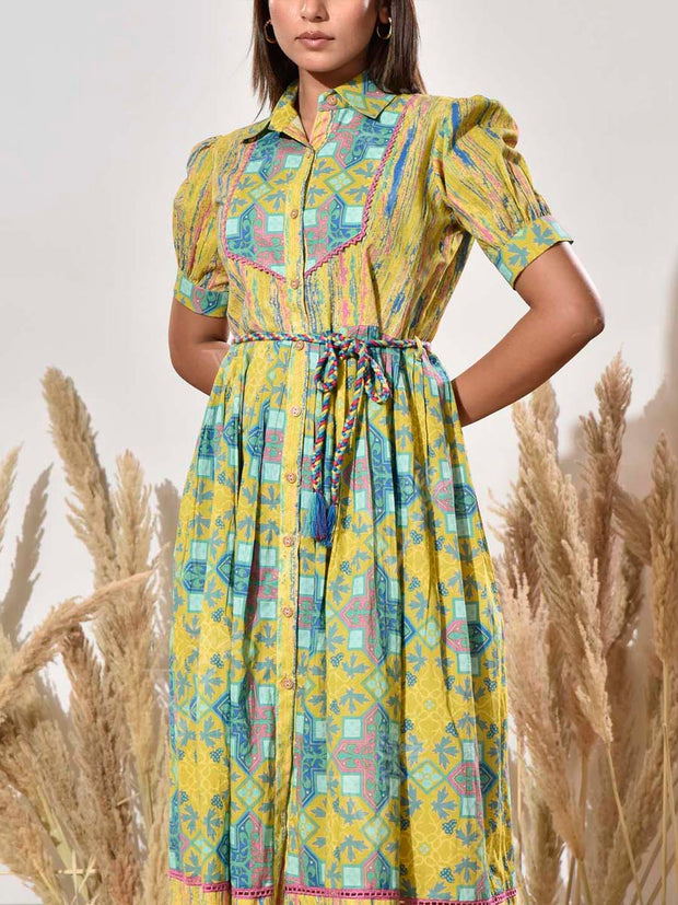 Blue and Green Printed Cotton Dress