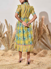 Blue and Green Printed Cotton Dress