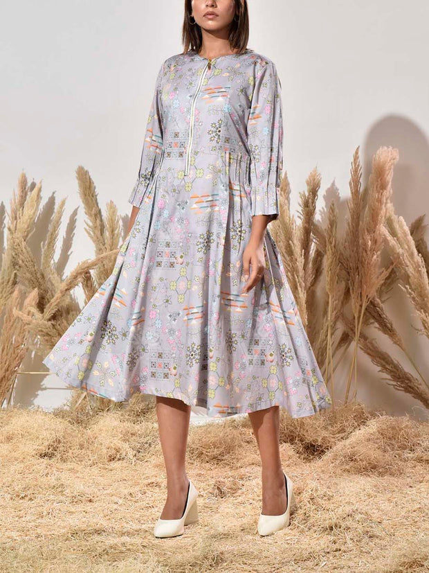 Grey Cotton Printed Dress