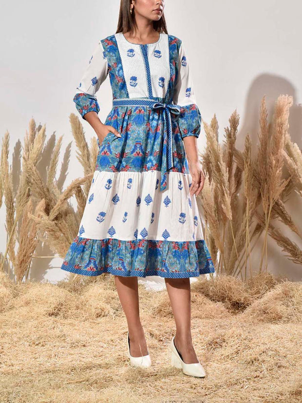Blue and White Cotton Printed Dress