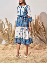 Blue and White Cotton Printed Dress