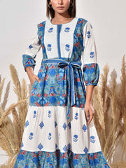 Blue and White Cotton Printed Dress