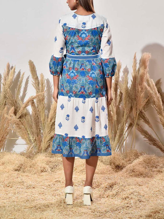 Blue and White Cotton Printed Dress