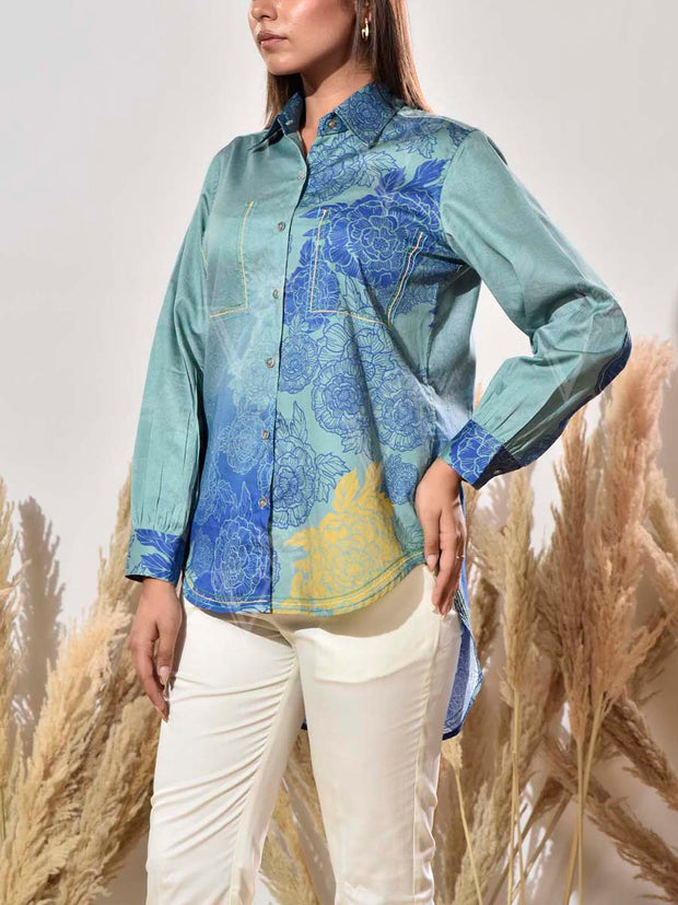 Green and Blue Cotton Printed Shirt