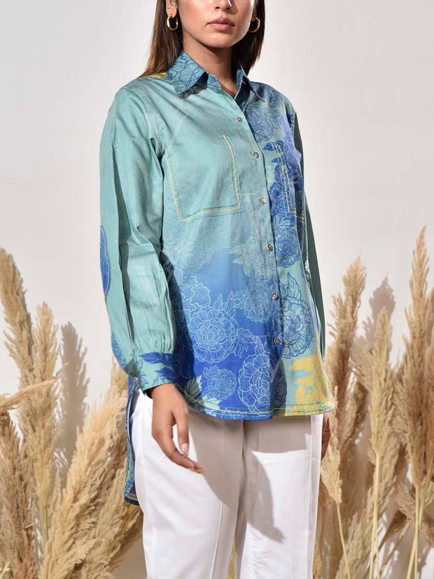 Green and Blue Cotton Printed Shirt