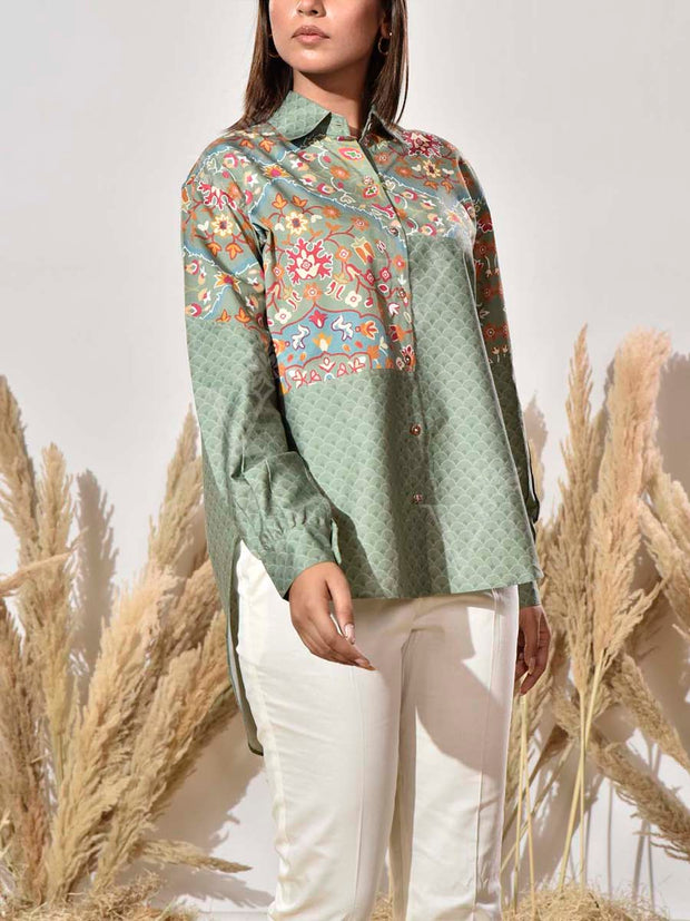 Green Cotton Printed Shirt
