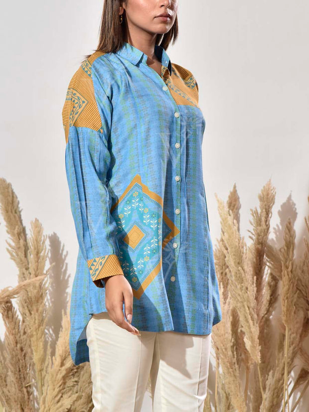 Blue and Mustard Vasansi Silk Printed Shirt