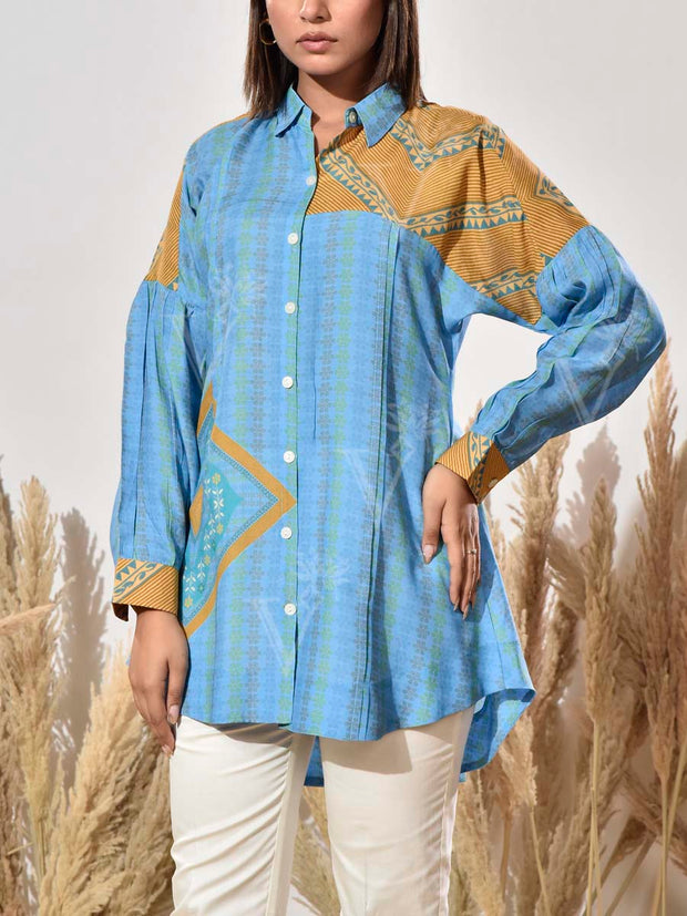 Blue and Mustard Vasansi Silk Printed Shirt