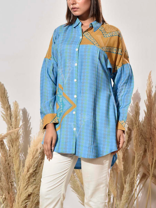 Blue and Mustard Vasansi Silk Printed Shirt