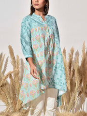 Blue Cotton Printed Aysmmetric Shirt
