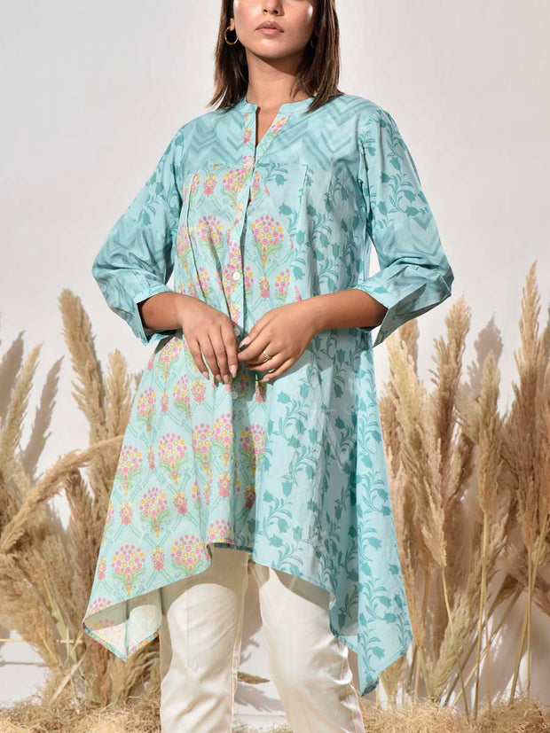 Blue Cotton Printed Aysmmetric Shirt