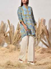 Blue Dobby Cotton Printed Kurta