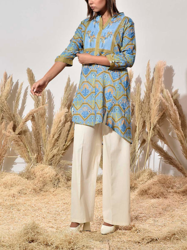 Blue Dobby Cotton Printed Kurta