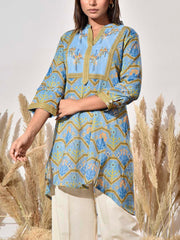 Blue Dobby Cotton Printed Kurta
