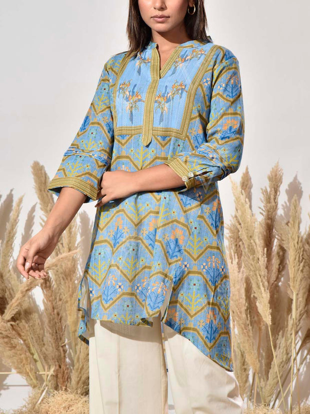 Blue Dobby Cotton Printed Kurta