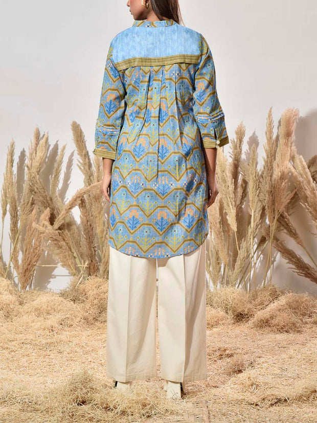 Blue Dobby Cotton Printed Kurta