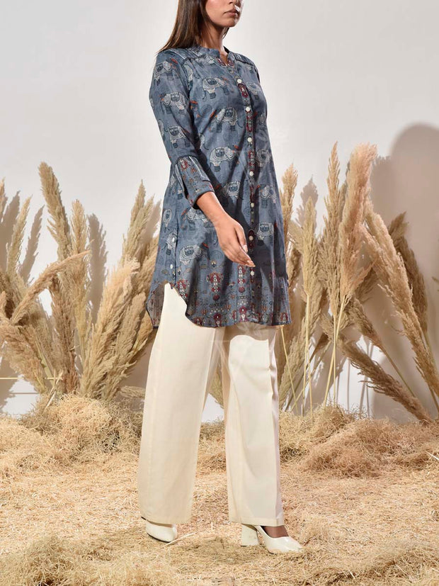 Dark Grey Dobby Cotton Printed Kurta