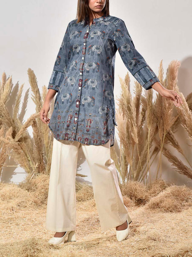 Dark Grey Dobby Cotton Printed Kurta