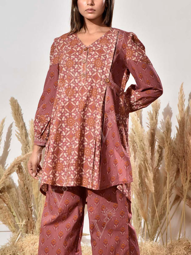 Brown Cotton Printed Co Ord Set