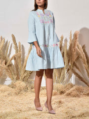 Powder Blue Cotton Printed Dress