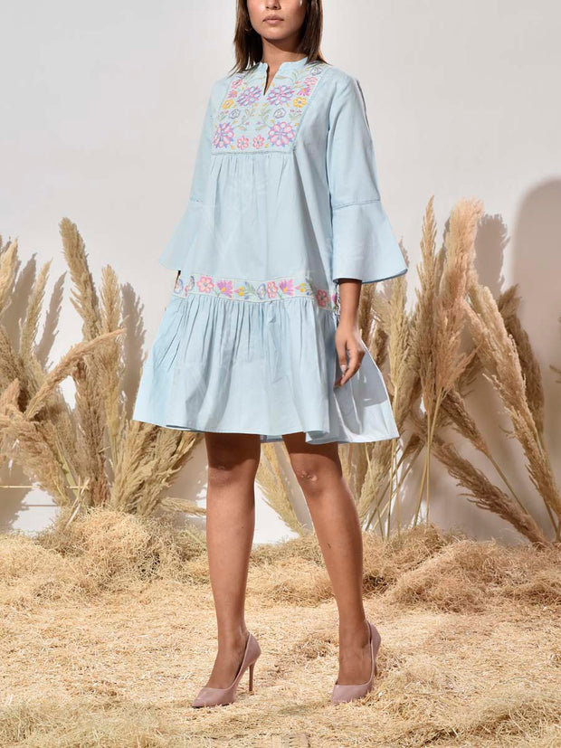 Powder Blue Cotton Printed Dress