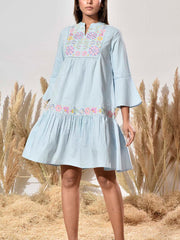 Powder Blue Cotton Printed Dress
