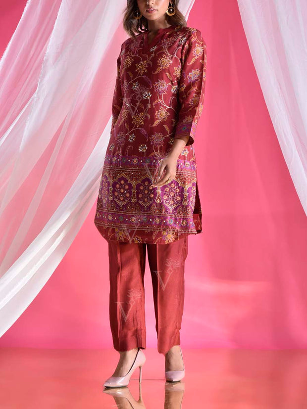 Maroon Vasansi Silk  Printed Embroidered Co Ord Set