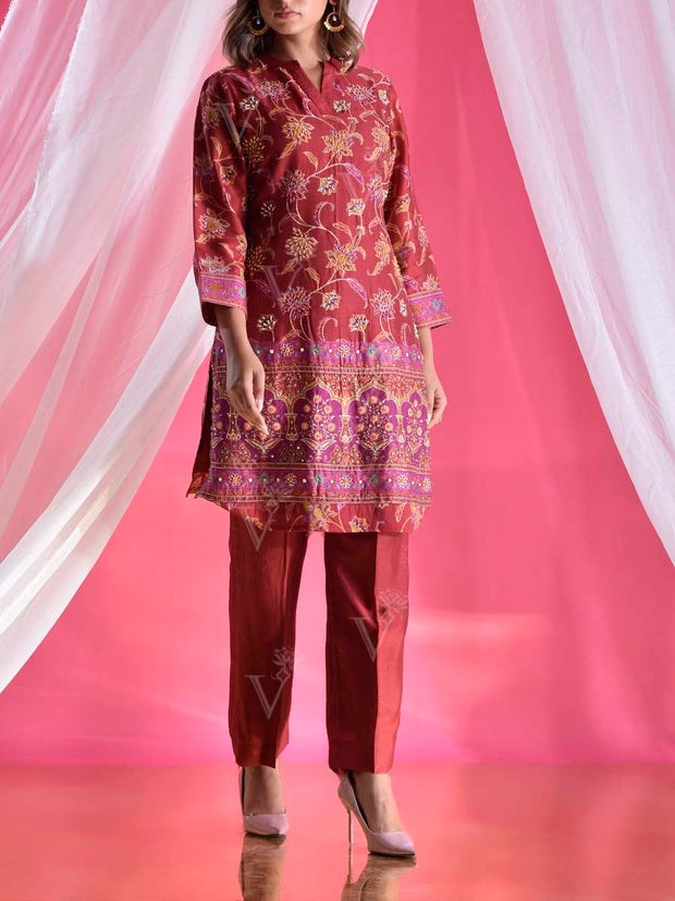 Maroon Vasansi Silk  Printed Embroidered Co Ord Set