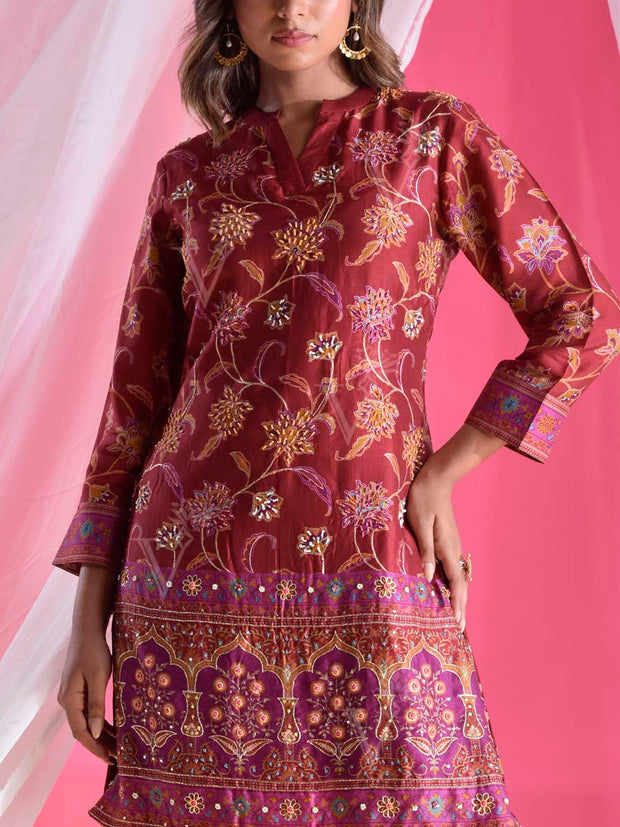 Maroon Vasansi Silk  Printed Embroidered Co Ord Set