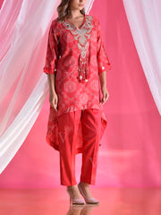 Red Silk Bandhani Asymmetric Embroidered Pant Set