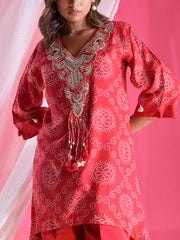 Red Silk Bandhani Asymmetric Embroidered Pant Set