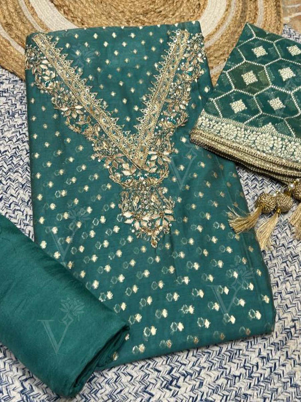 Green Chanderi Dress Material
