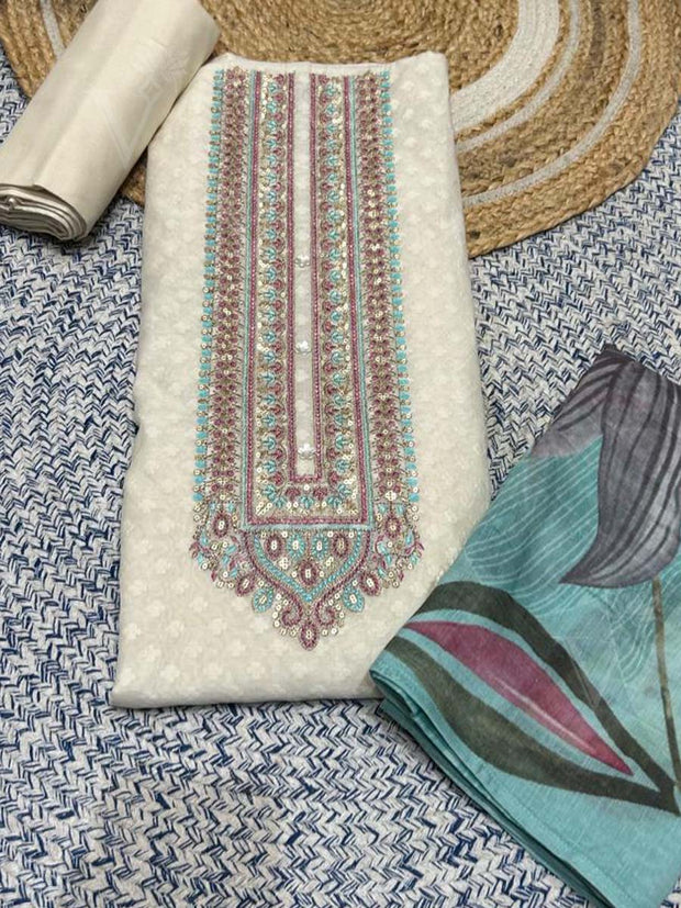 Off White Chanderi Dress Material