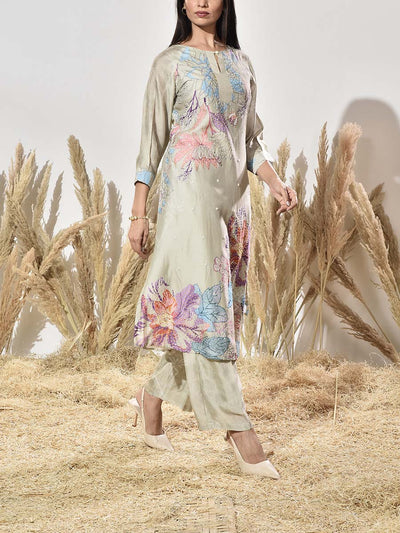 Grey Vasansi Silk Embroidered Kurta and Pant Set