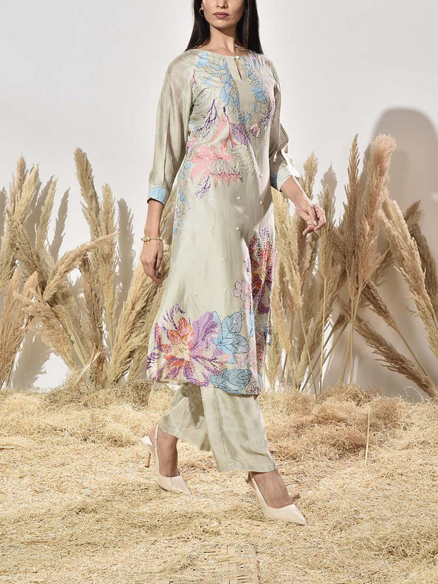 Grey Vasansi Silk Embroidered Kurta and Pant Set