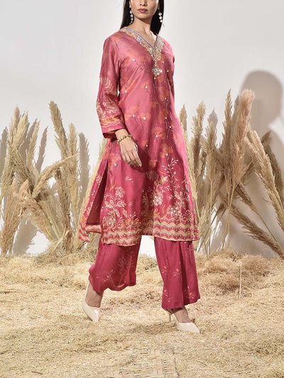Peach Vasansi Silk Embroidered Kurta and Pant Set