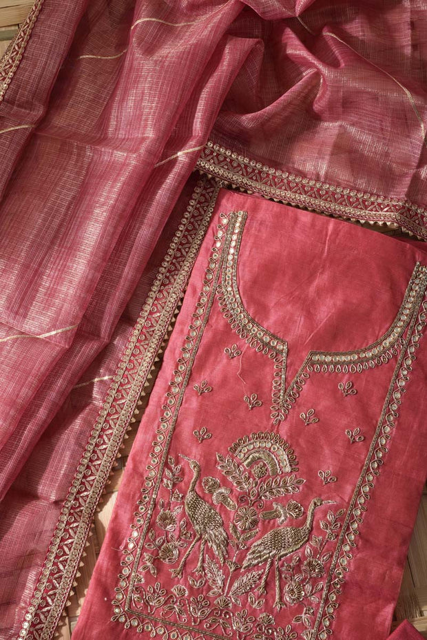 Pink Chanderi Cotton Dress Material