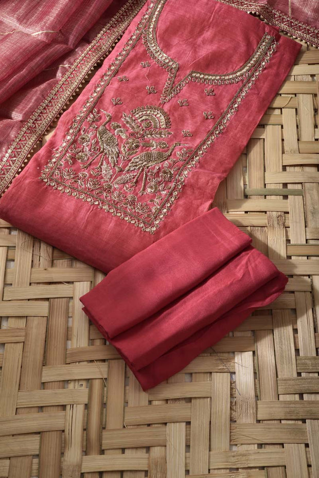 Pink Chanderi Cotton Dress Material