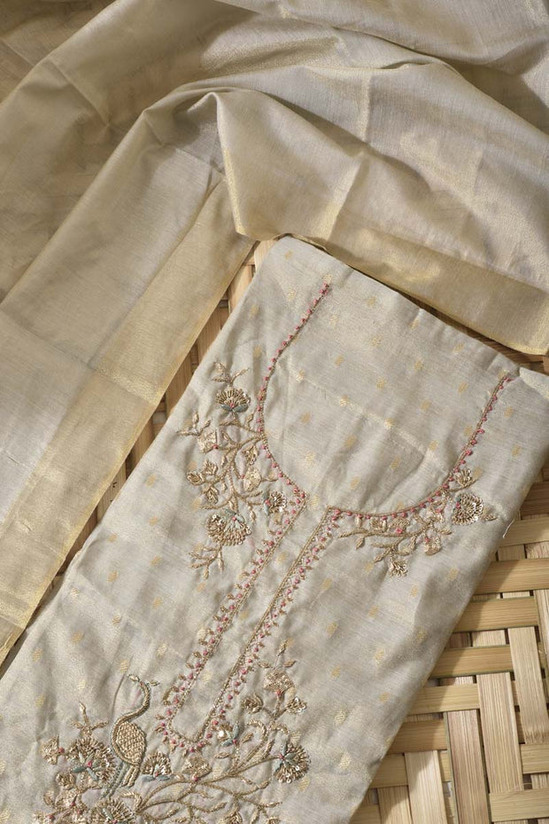 Beige Tissue Silk Dress Material
