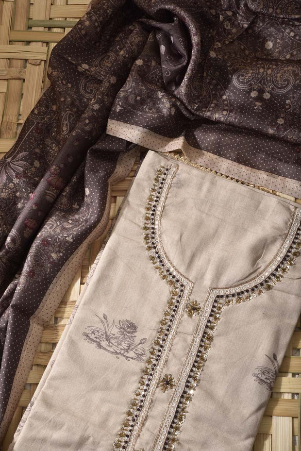 Beige Chanderi Silk Dress Material